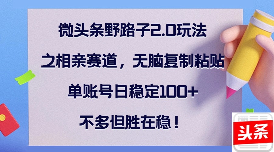 [热门给力项目]（12763期）微头条野路子2.0玩法之相亲赛道，无脑复制粘贴，单账号日稳定100+，不...-第1张图片-智慧创业网