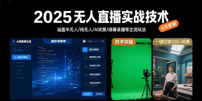 [直播玩法]（15621期）2025无人直播实战技术-8月，涵盖半无人/纯无人/AI实景/绿幕录播等主流玩法