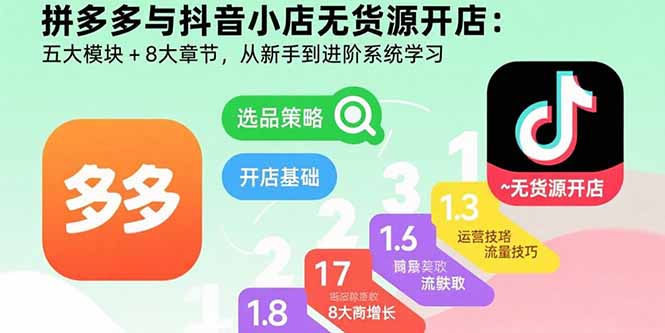 [抖音小店]（15805期）拼多多与抖音小店无货源开店：五大模块+8大章节，从新手到进阶系统学习