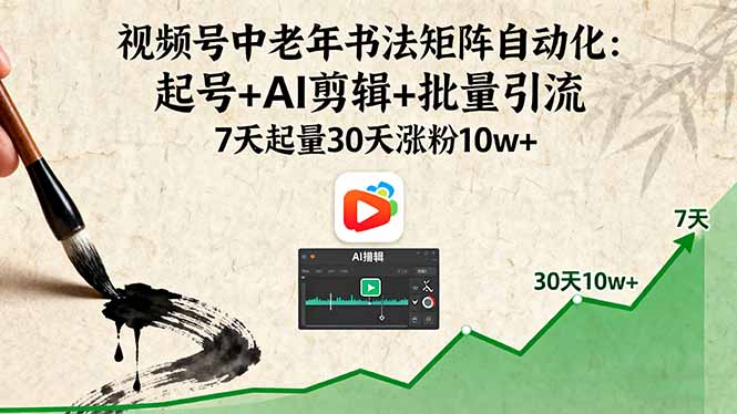 [短视频运营]（16022期）视频号中老年书法矩阵自动化：起号+AI剪辑+批量引流 7天起量30天涨粉10w+