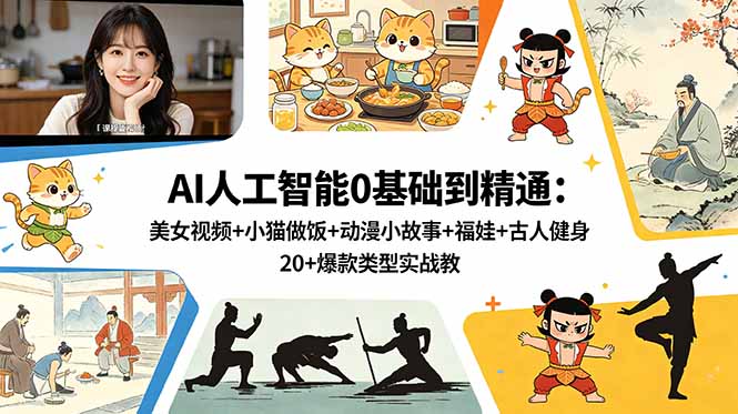 [短视频运营]（18685期）AI人工智能0基础到精通：美女视频+小猫做饭+动漫小故事+福娃+古人健身，20+爆款类型实战教学-第1张图片-智慧创业网