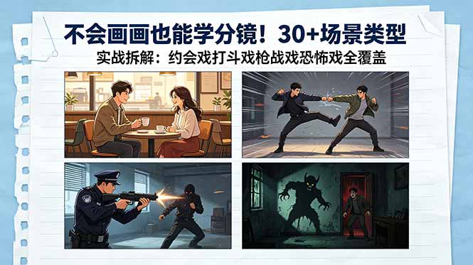 [短视频运营]（18591期）不会画画也能学分镜！30+场景类型实战拆解：约会戏打斗戏枪战戏恐怖戏全覆盖