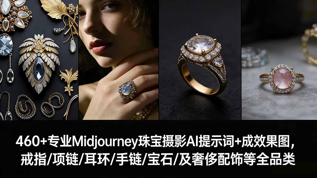 [人工智能]（17272期）460+专业Midjourney珠宝摄影AI提示词+成效果图，戒指/项链/耳环/手链/宝石/及奢侈配饰等全品类