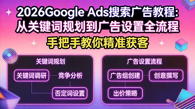 [引流涨粉]（17641期）2026Google Ads搜索广告教程：从关键词规划到广告设置全流程，手把手教你精准获客