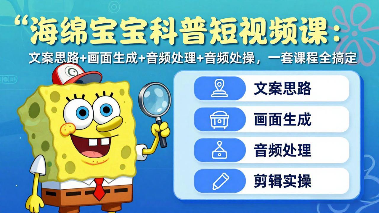 [短视频运营]（17756期）海绵宝宝科普短视频课：文案思路+画面生成+音频处理+剪辑实操，一套课程全搞定