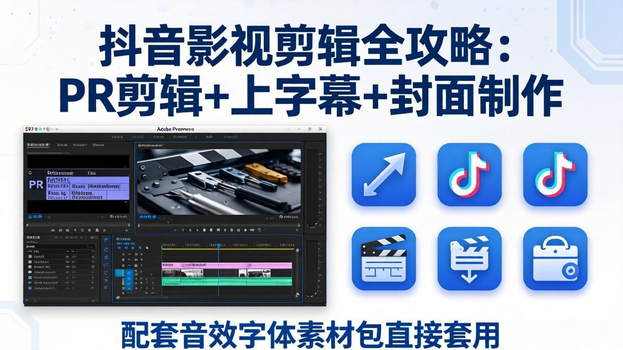 [短视频运营]（17868期）抖音影视剪辑全攻略：PR剪辑+上字幕+封面制作，配套音效字体素材包直接套用