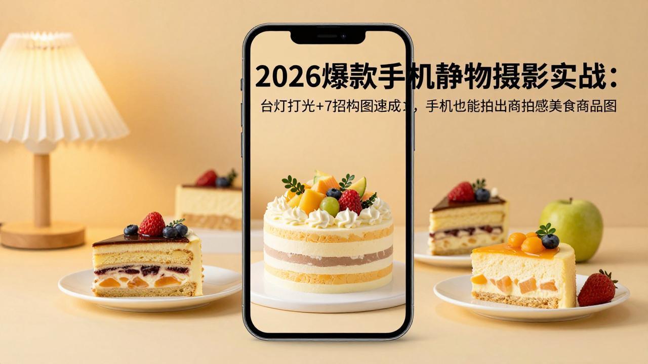 [短视频运营]（17960期）2026爆款手机静物摄影实战：台灯打光+7招构图速成，手机也能拍出商拍感美食商品图