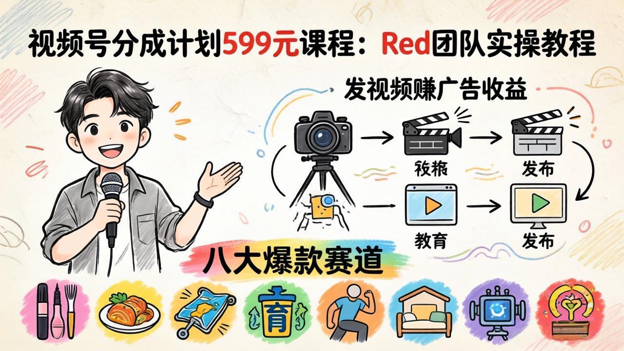 [短视频运营]（18088期）视频号分成计划599元课程：Red团队实操教程，发视频赚广告收益，八大爆款赛道全掌握