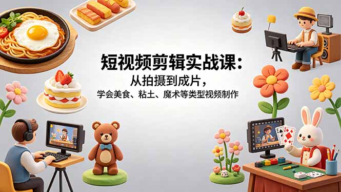 [短视频运营]（18375期）短视频剪辑实战课：从拍摄到成片，学会美食、粘土、魔术等类型视频制作