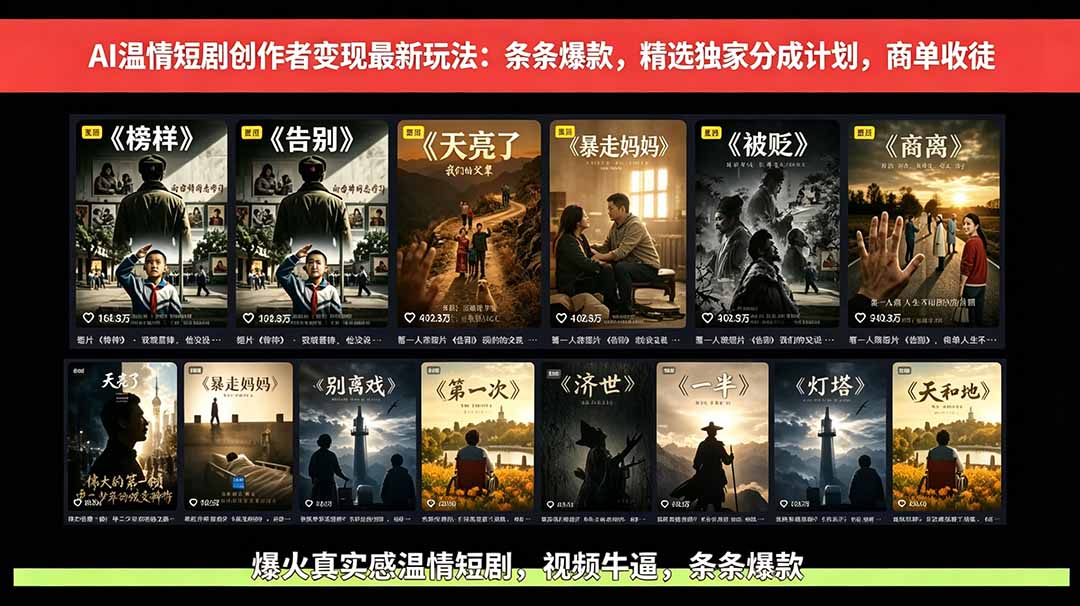 [短视频运营]（18748期）AI温情短剧创作者变现玩法-更新0606：视频牛逼，条条爆款，精选独家分成计划，商单收徒