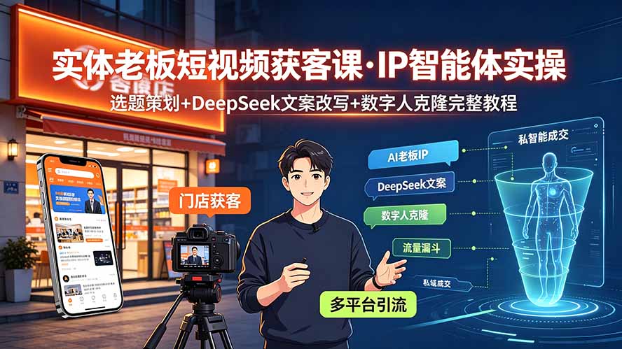 [AI人工智能]（19260期）实体老板短视频获客课·IP智能体实操｜选题策划+DeepSeek文案改写+数字人克隆完整教程-第1张图片-智慧创业网