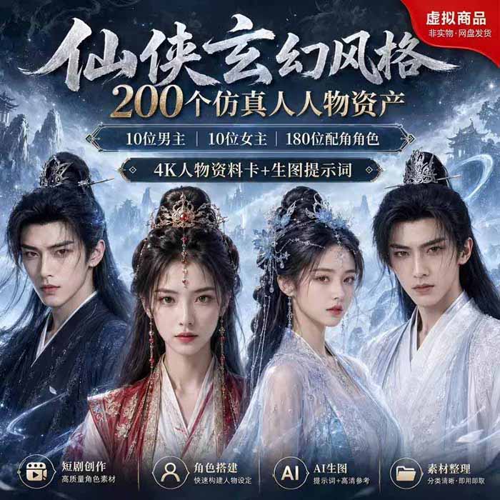[其它资料]（19301期）200个仙侠玄幻仿真人素材◆10男主×10女主×180配角，4K资料卡+AI生图提示词，漫剧必备-第2张图片-智慧创业网