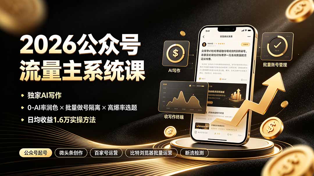 [公众号]（19405期）2026公众号流量主系统课：独家AI写作×0-AI率润色×批量做号隔离×高爆率选题，日均收益1.6万实操方法