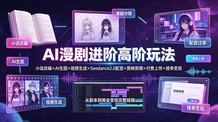 [AI人工智能]（19430期）AI漫剧进阶高阶玩法：小说改编×AI生图×视频生成×Seedance2.0配音×剪映剪辑×付费上传×接单变现