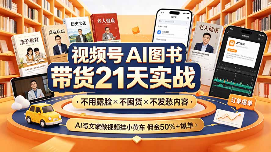 [短视频运营]（19476期）视频号AI图书带货21天实战：不用露脸×不囤货×不发愁内容，AI写文案做视频挂小黄车，佣金50%+爆单