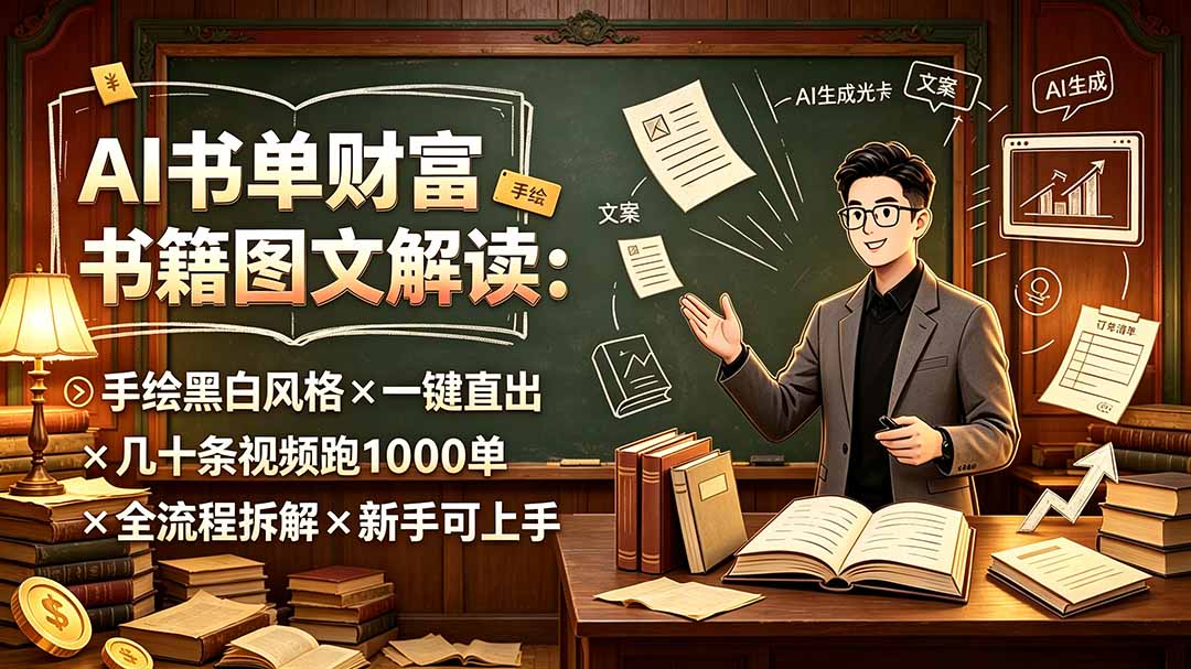[AI人工智能]（19515期）AI书单财富书籍图文解读：手绘黑白风格×一键直出×几十条视频跑1000单×全流程拆解×新手可上手-第1张图片-智慧创业网