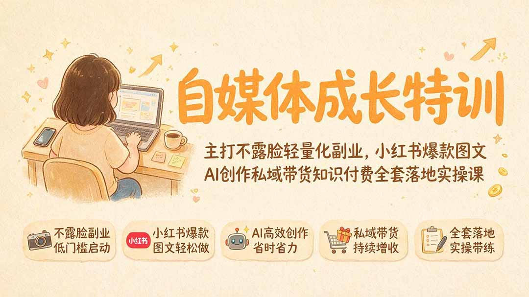 [新媒体]（19584期）自媒体成长特训｜主打不露脸轻量化副业，小红书爆款图文AI创作私域带货知识付费全套落地实操课-第2张图片-智慧创业网
