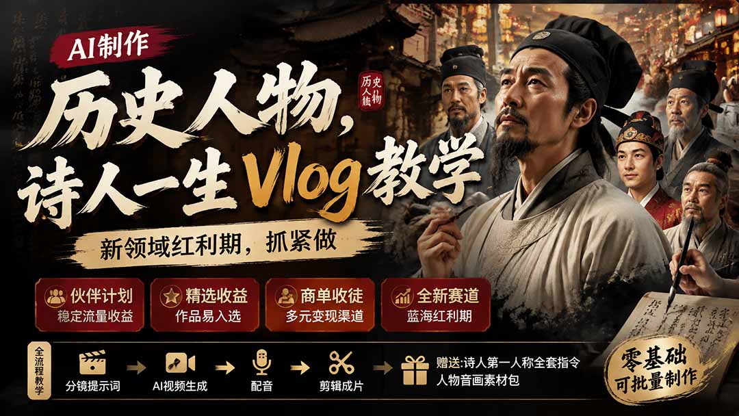 [短视频运营]（19758期）历史人物，诗人一生Vlog教学， AI制作丨伙伴计划丨精选收益丨商单收徒 ，新领域红利期，抓紧做-第2张图片-智慧创业网