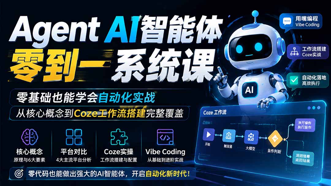 [AI人工智能]（19753期）Agent AI智能体零到一系统课；零基础也能学会自动化实战，从核心概念到Coze工作流搭建完整覆盖-第2张图片-智慧创业网