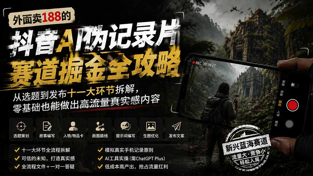 [短视频运营]（19744期）外面卖188的抖音AI伪记录片赛道掘金全攻略；从选题到发布十一大环节拆解，零基础也能做出高流量真实感内容-第1张图片-智慧创业网