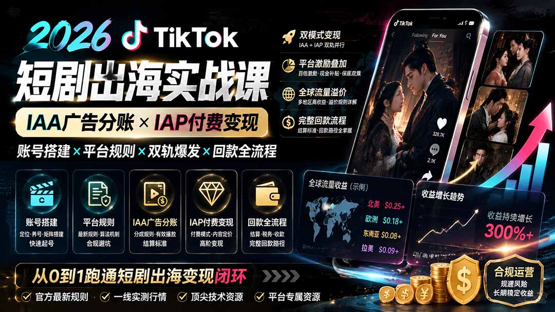 [国外项目]（19740期）2026TikTok短剧出海实战课：IAA广告分账×IAP付费变现×账号搭建×平台规则×双轨爆发×回款全流程-第1张图片-智慧创业网