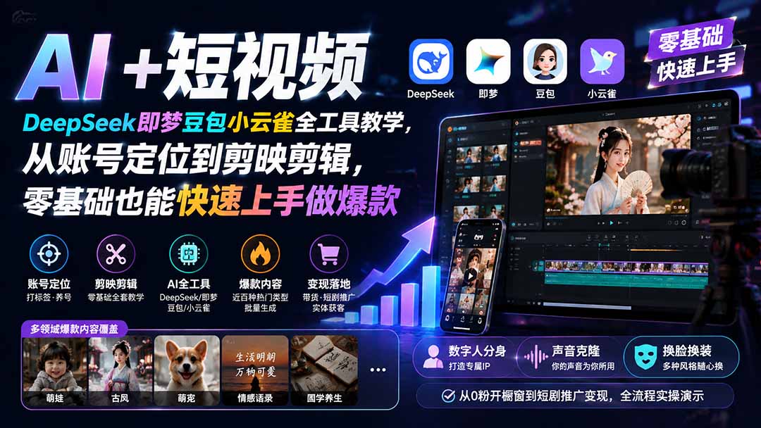 [短视频运营]（19759期） AI+短视频｜DeepSeek即梦豆包小云雀全工具教学，从账号定位到剪映剪辑，零基础也能快速上手做爆款
