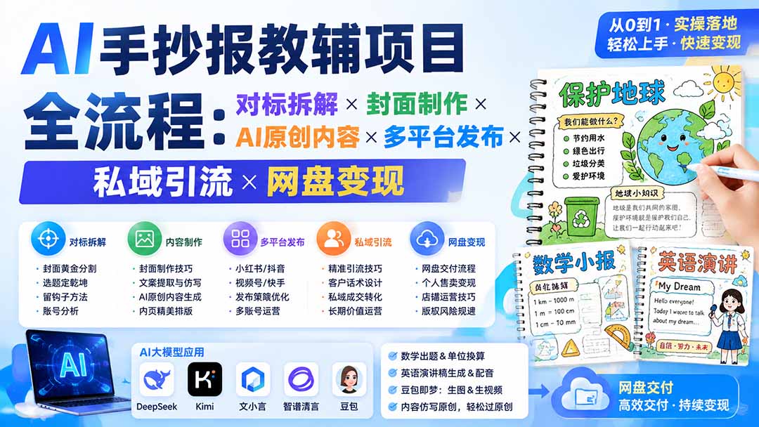 [AI人工智能]（19785期）AI手抄报教辅项目全流程：对标拆解×封面制作×AI原创内容×多平台发布×私域引流×网盘变现-第2张图片-智慧创业网