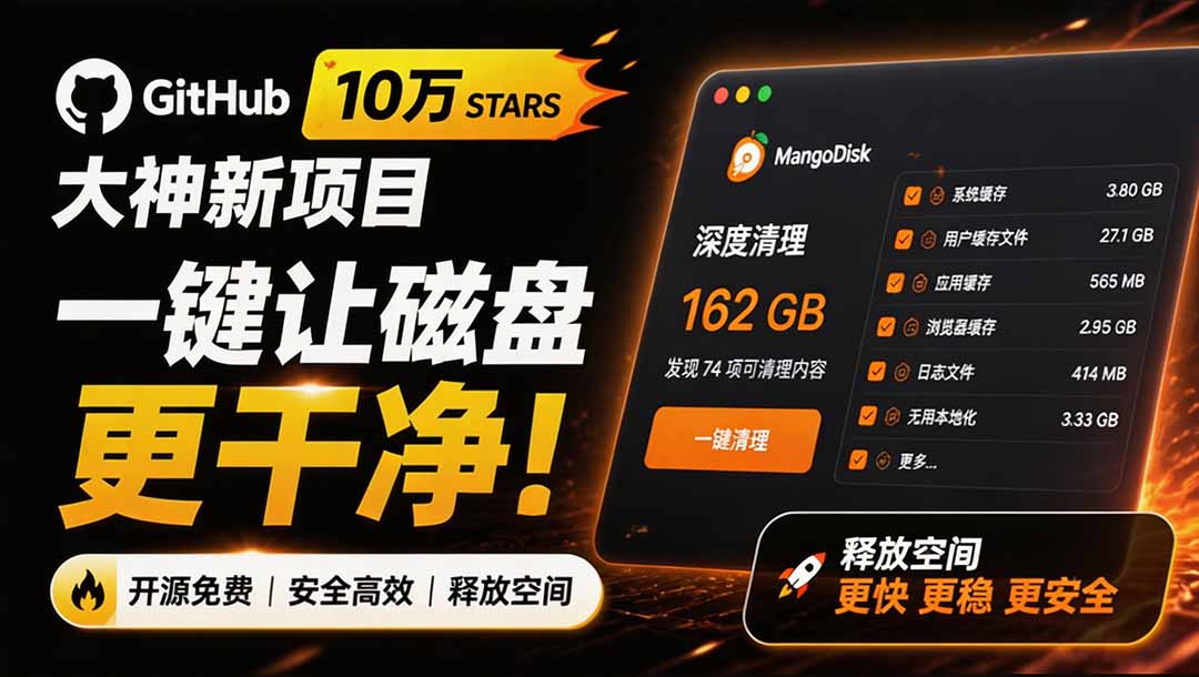 [其它资料]（19894期）在Gtihub上做出10万 stars 的大神，又发布新项目了！一键让磁盘更干净，开源免费清理工具 MangoDisk-第1张图片-智慧创业网