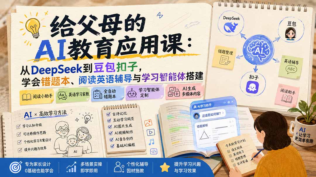 [AI人工智能]（19890期）给父母的AI教育应用课：从DeepSeek到豆包扣子，学会错题本、阅读英语辅导与学习智能体搭建-第1张图片-智慧创业网