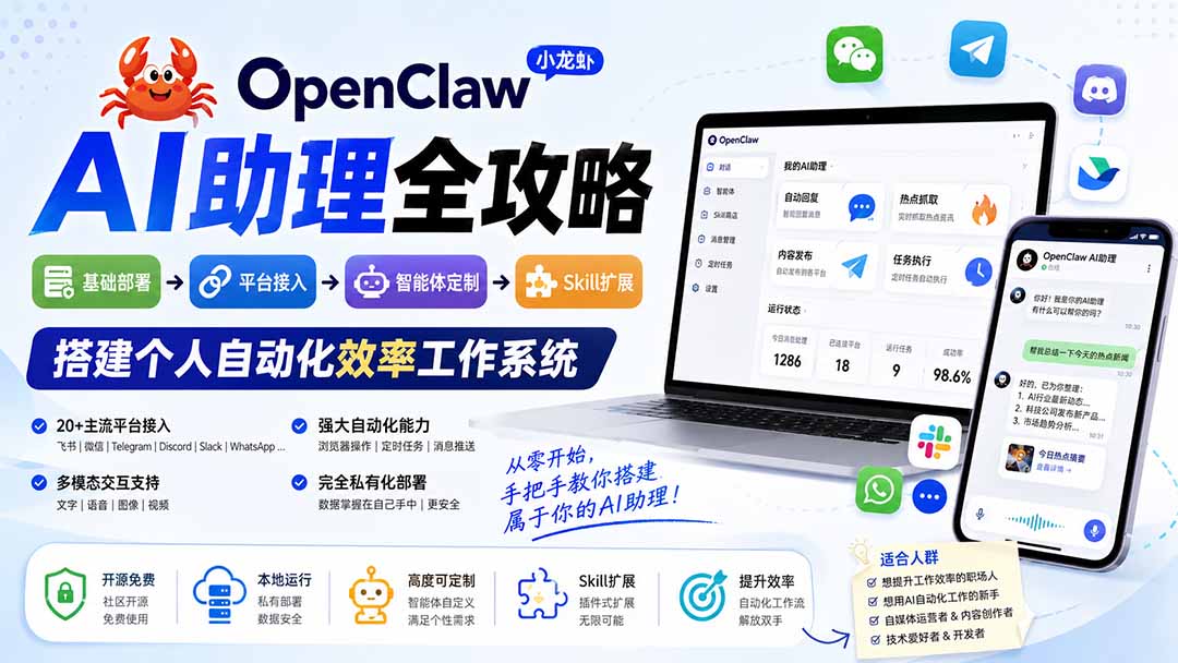 [AI人工智能]（19889期）OpenClaw小龙虾 AI助理全攻略：基础部署→平台接入→智能体定制→Skill扩展，搭建个人自动化效率工作系统-第1张图片-智慧创业网