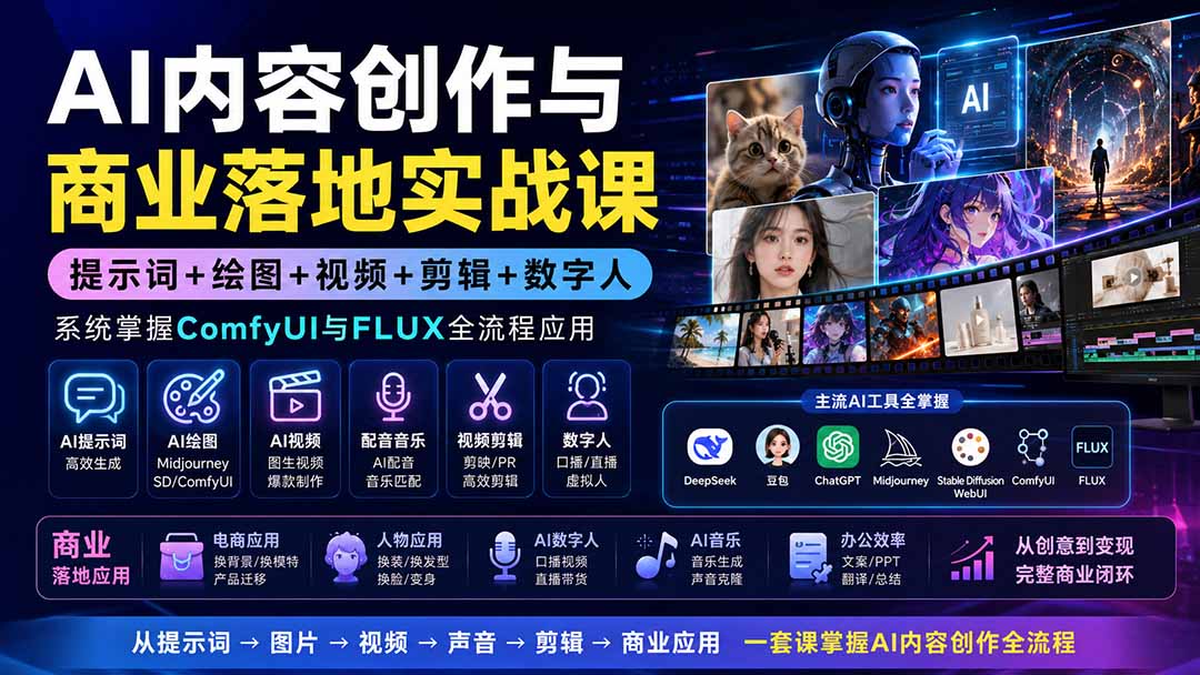 [AI人工智能]（19913期）AI内容创作与商业落地实战课：提示词+绘图+视频+剪辑+数字人，系统掌握ComfyUI与FLUX全流程应用