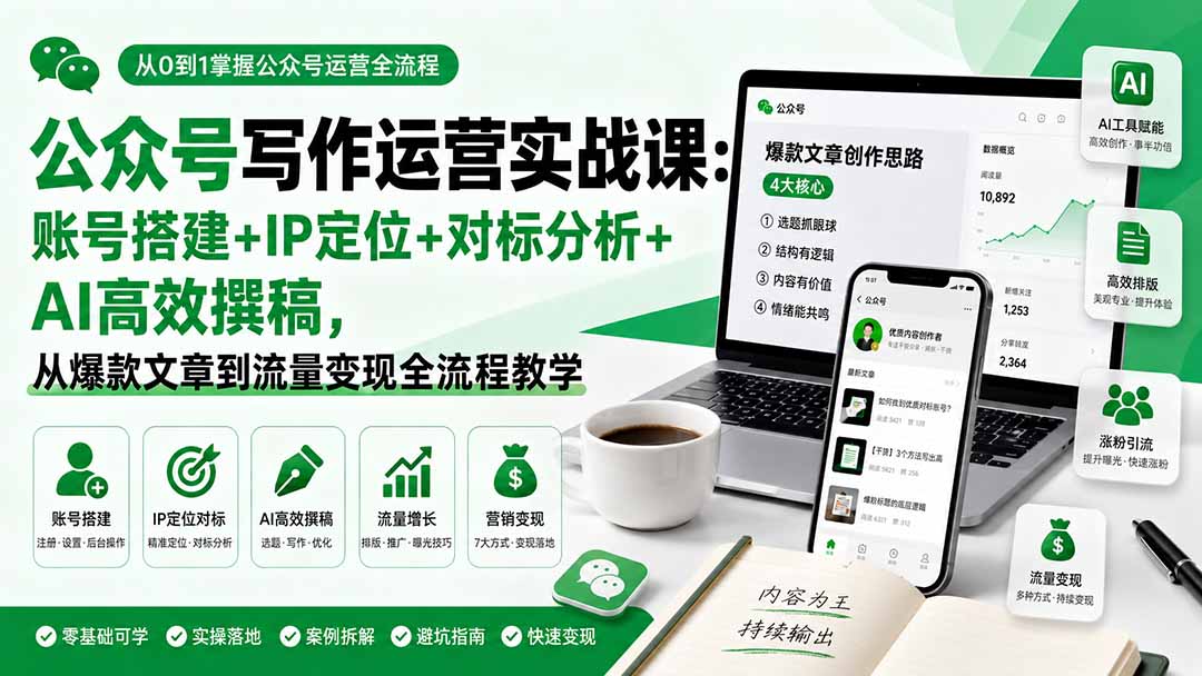 [公众号]（19914期）公众号写作运营实战课：账号搭建+IP定位+对标分析+AI高效撰稿，从爆款文章到流量变现全流程教学
