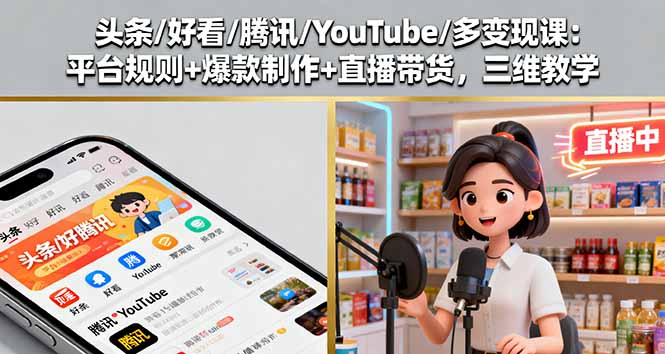 [直播玩法]（16147期）头条/好看/腾讯/YouTube/多变现课：平台规则+爆款制作+直播带货，三维教学-第1张图片-智慧创业网