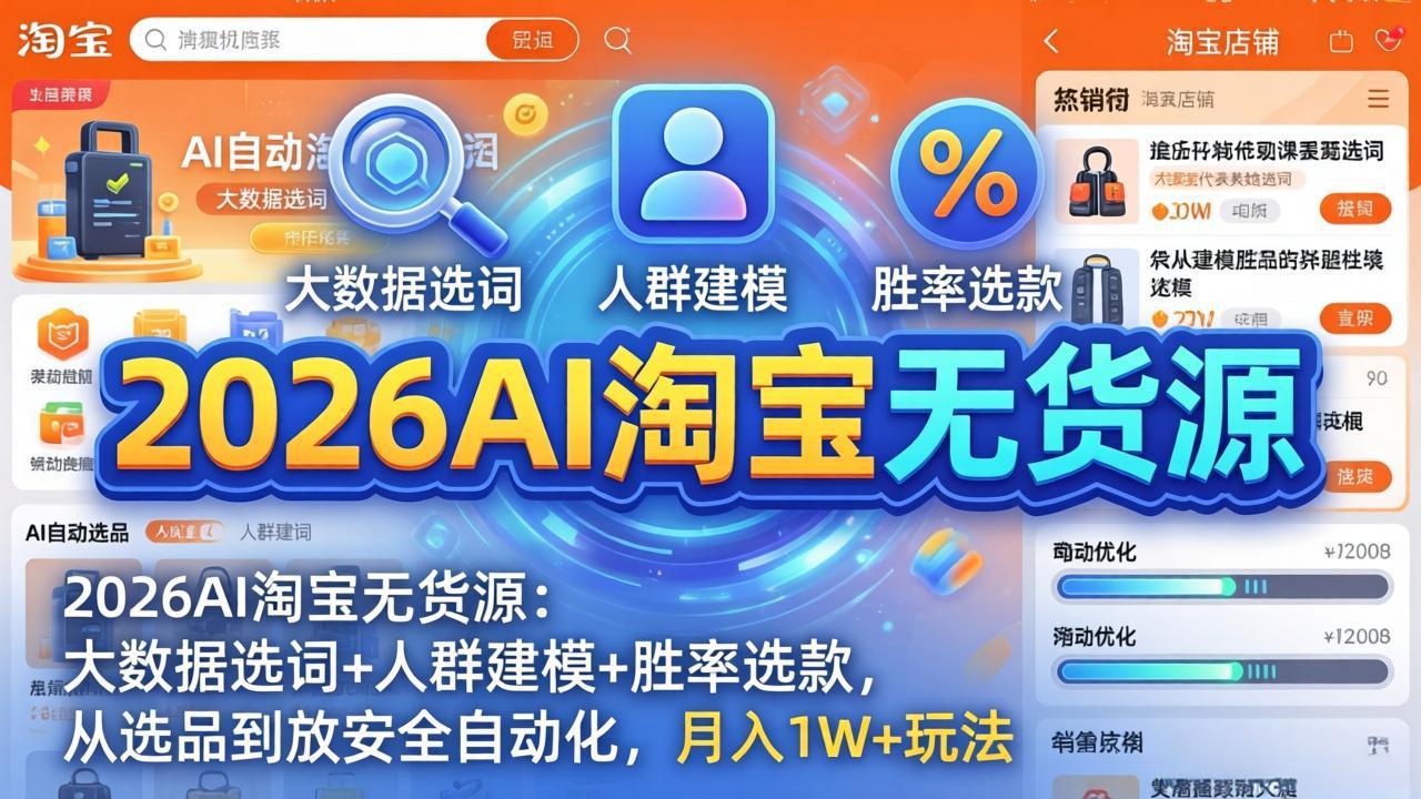 [无货源]（18110期）2026AI淘宝无货源-4月19更新：大数据选词+人群建模+胜率选款，从选品到放大全自动化，月入1W+