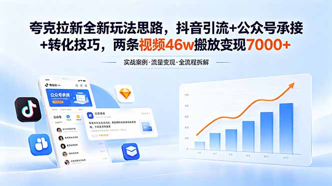 [热门给力项目]（18416期）夸克拉新全新玩法思路，抖音引流+公众号承接+转化技巧，两条视频46w搬放 变现7000+