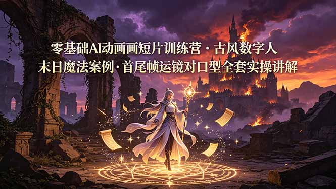 [AI人工智能]（19078期）零基础AI动画短片训练营，古风数字人末日魔法案例，首尾帧运镜对口型全套实操讲解