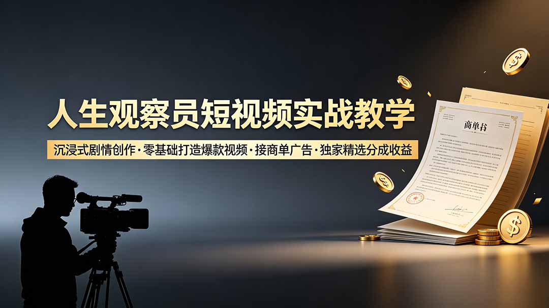 [短视频运营]（19113期）人生观察员短视频实战教学，沉浸式剧情创作，零基础打造爆款视频，接商单广告，独家精选分成收益