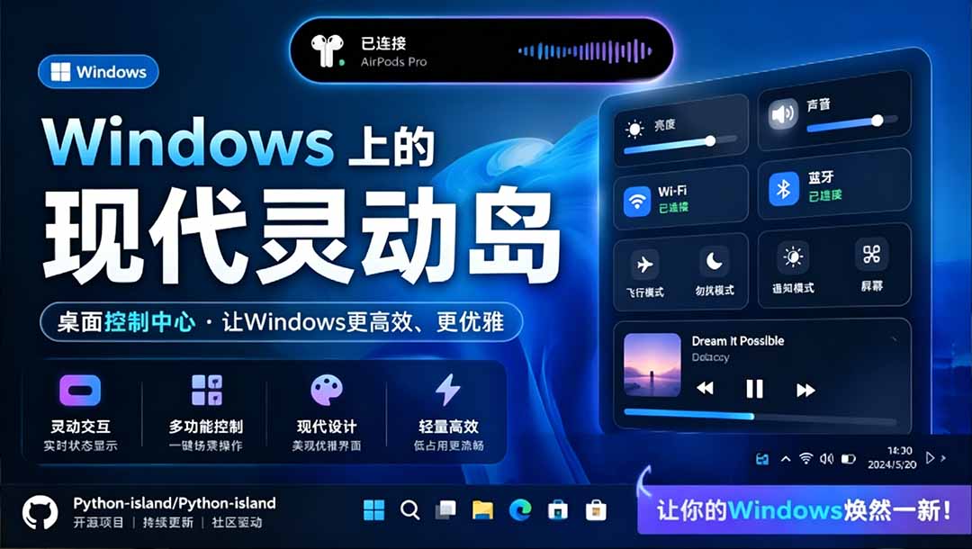 [其它资料]（19104期）Windows也能拥有桌面灵动岛！现代化的系统控制中心，让你的电脑多个黑刘海，PyIsland