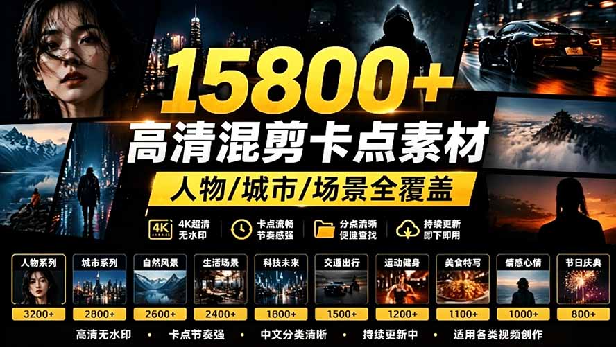 [其它资料]（19120期）【影视剪辑素材合集】15800+高清混剪卡点｜热门影视精彩片段｜人物/城市/场景全覆盖，中文分类清晰