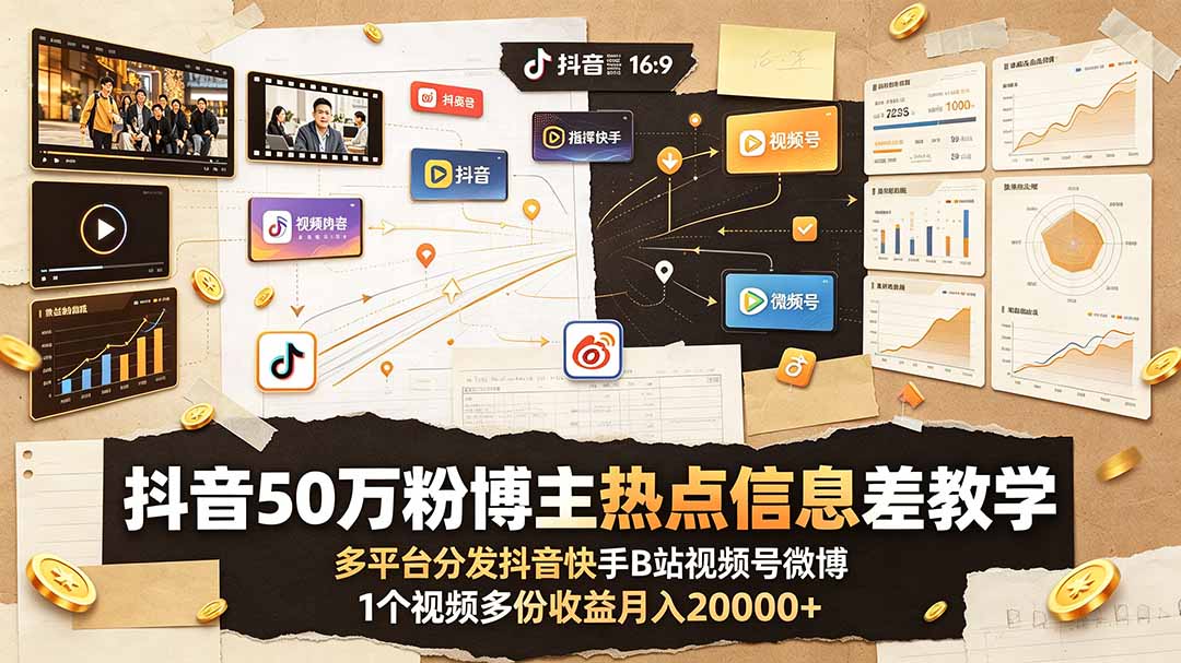 [短视频运营]（19145期）抖音50万粉博主热点信息差教学：多平台分发抖音快手B站视频号微博，1个视频多份收益月入20000+-第1张图片-智慧创业网