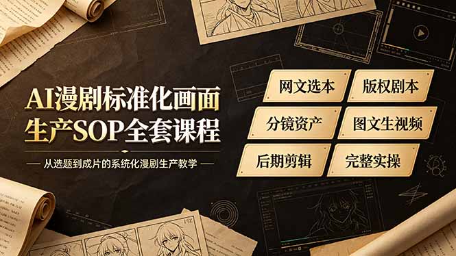 [短视频运营]（19199期）AI漫剧标准化画面生产SOP全套课程，网文选本版权剧本分镜资产全覆盖，图文生视频后期剪辑完整实操教学