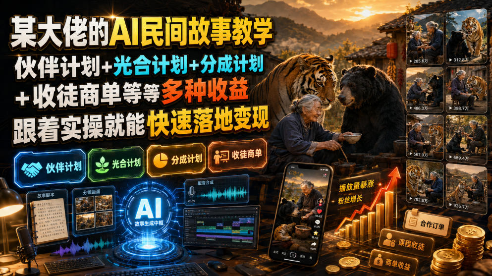 [短视频运营]（19360期）某大佬的AI民间故事教学，伙伴计划+光合计划+分成计划+收徒商单等多种收益，跟着实操就能快速落地变现-第1张图片-智慧创业网