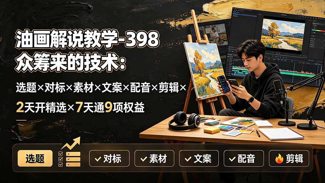 [短视频运营]（19527期）油画解说教学-398众筹来的技术：选题×对标×素材×文案×配音×剪辑×2天开精选×7天通9项权益-第1张图片-智慧创业网