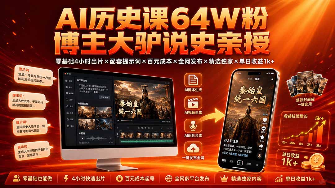 [短视频运营]（19557期）AI历史课64W粉博主大驴说史亲授：零基础4小时出片×配套提示词×百元成本×全网发布×精选独家×单日收益1k+-第1张图片-智慧创业网
