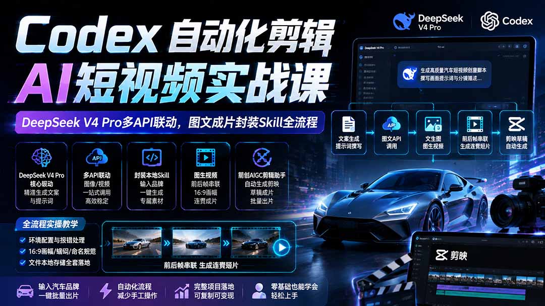 [AI人工智能]（19711期）Codex自动化剪辑AI短视频实战课｜DeepSeek V4 Pro多API联动，图文成片封装Skill全流程-第1张图片-智慧创业网