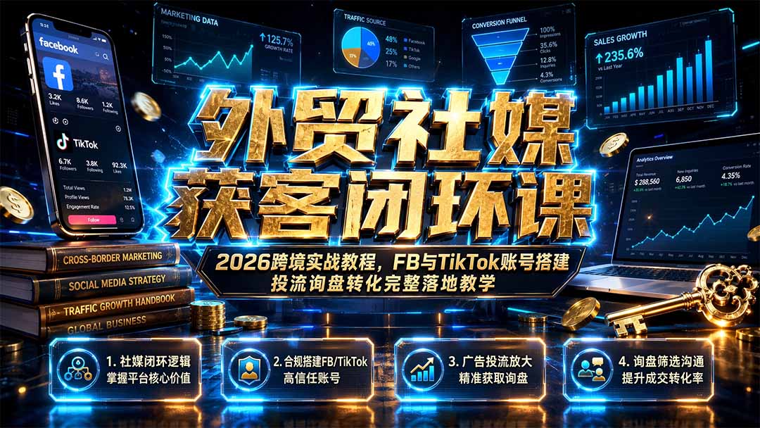 [跨境电商]（19611期）外贸社媒获客闭环课｜2026跨境实战教程，FB与TikTok账号搭建投流询盘转化完整落地教学-第1张图片-智慧创业网