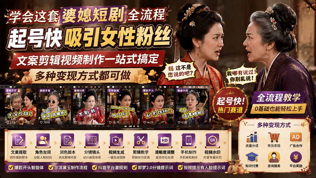 [短视频运营]（19704期）学会这套婆媳短剧全流程：起号快吸引女性粉丝，文案剪辑视频制作一站式搞定，多种变现方式都可做-第2张图片-智慧创业网