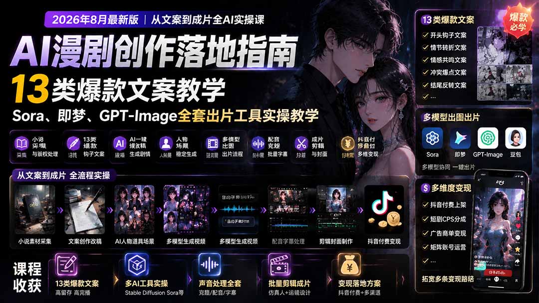 [AI人工智能]（19691期）AI漫剧创作落地指南｜13类爆款文案教学，Sora、即梦、GPT-Image全套出片工具实操教学-第1张图片-智慧创业网
