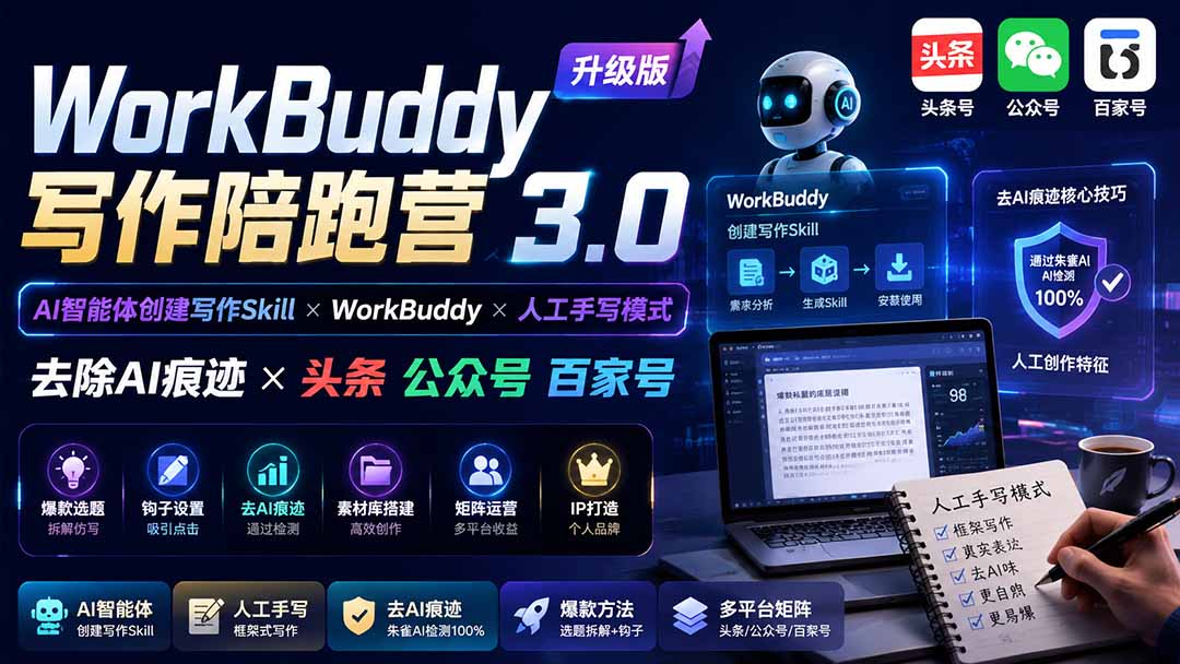 [AI人工智能]（19720期）WorkBuddy写作陪跑营3.0-更新：Ai智能体创建写作Skill×WorkBuddy×人工手写模式×去除AI痕迹×头条公众号百家号