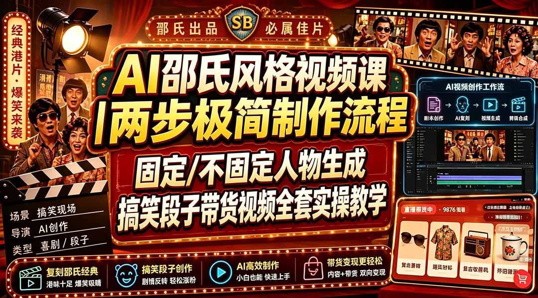 [短视频运营]（19602期）AI邵氏风格视频课｜两步极简制作流程，固定/不固定人物生成，搞笑段子带货视频全套实操教学-第1张图片-智慧创业网